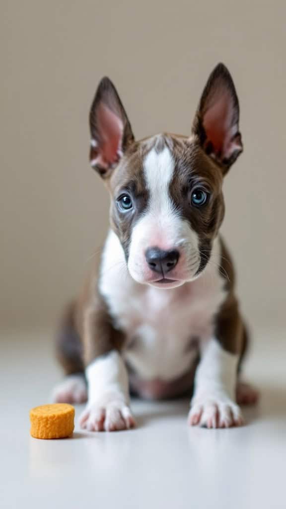A Bull Terrier puppy sitting with a treat in front of it, looking eager and attentive.