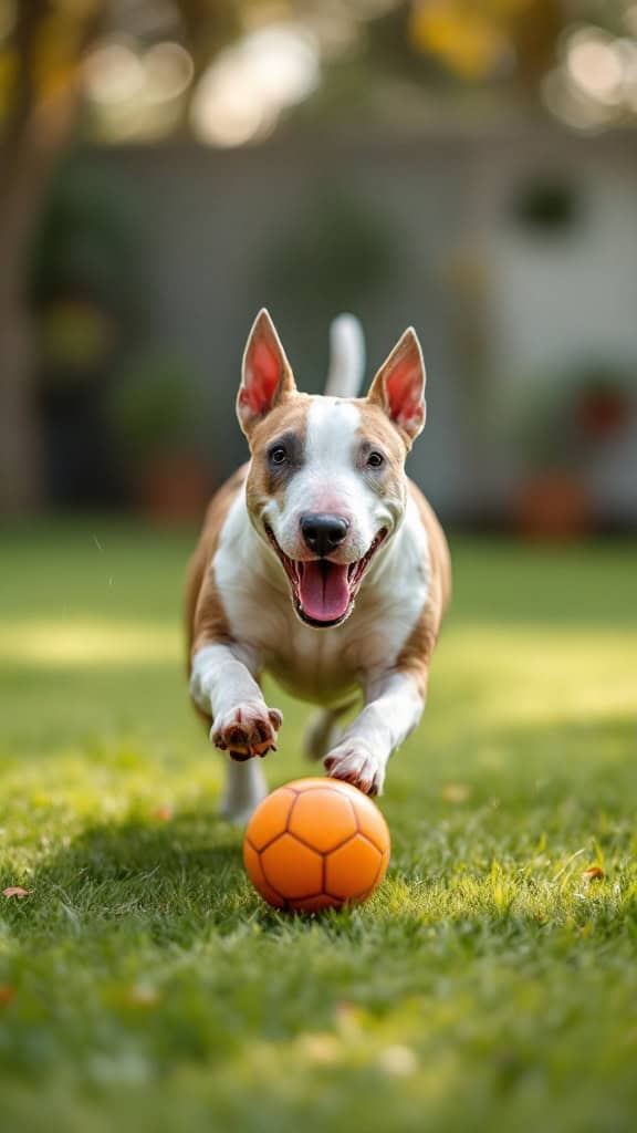 A happy Bull Terrier running towards an orange soccer ball on green grass.