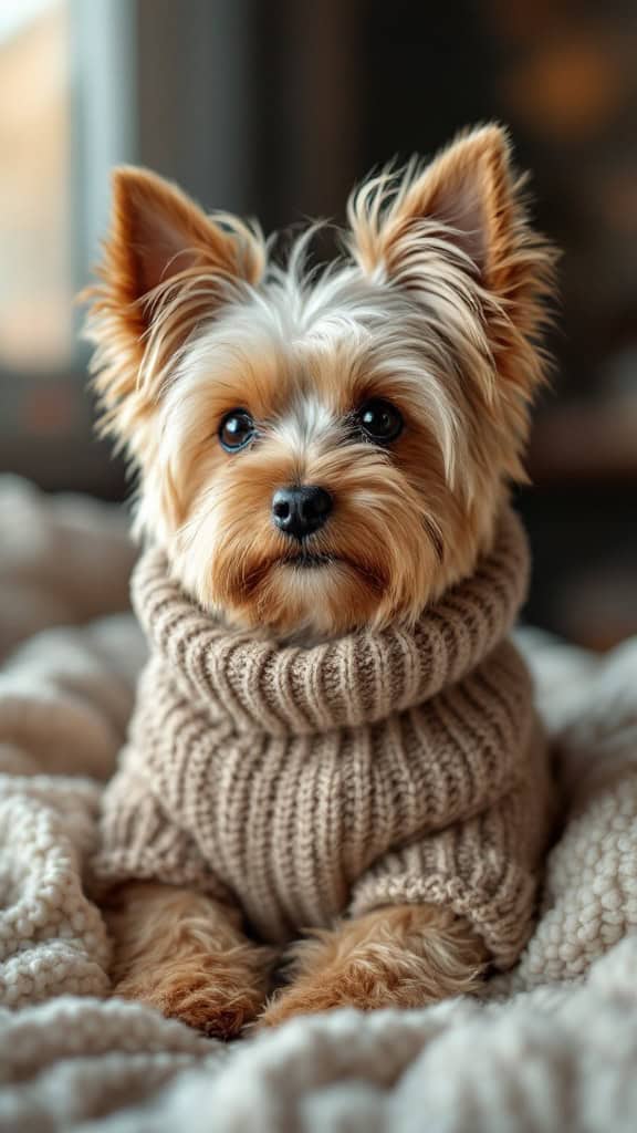 A Yorkshire Terrier wearing a cozy beige sweater, sitting on a soft blanket.