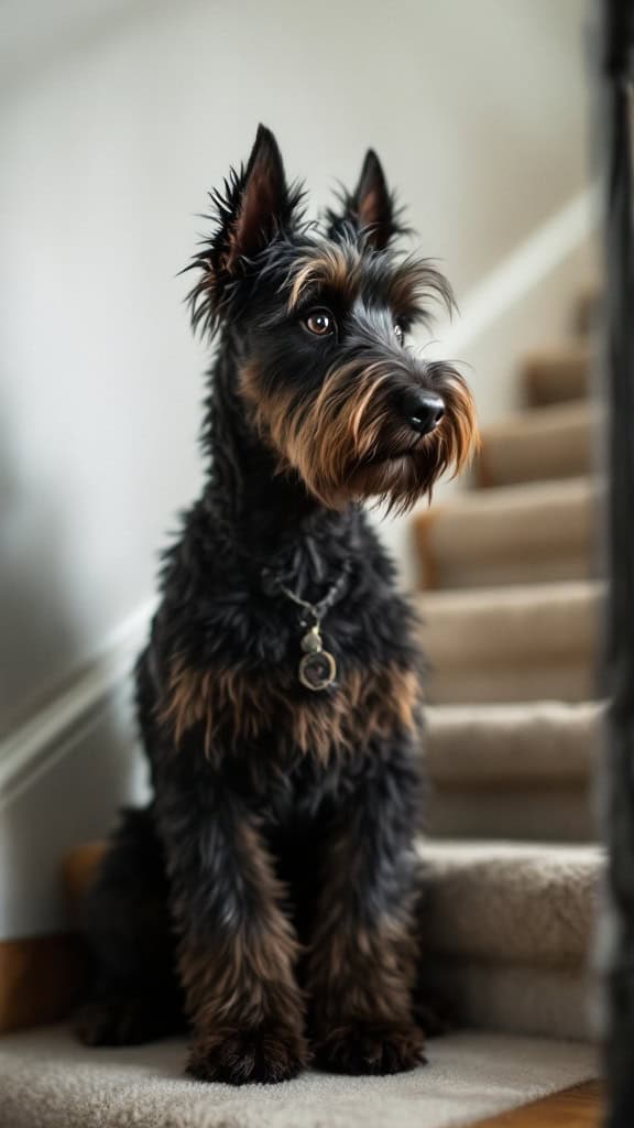 Scottish Terrier sitting on a staircase, looking curiously