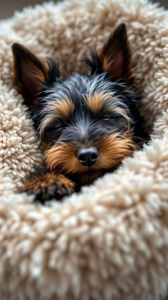 A Scottish Terrier sleeping peacefully in a cozy, fluffy bed.