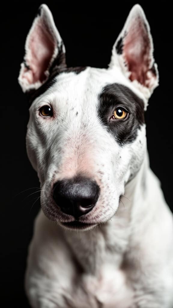 Close-up of a dog with distinct black and white markings on its face.