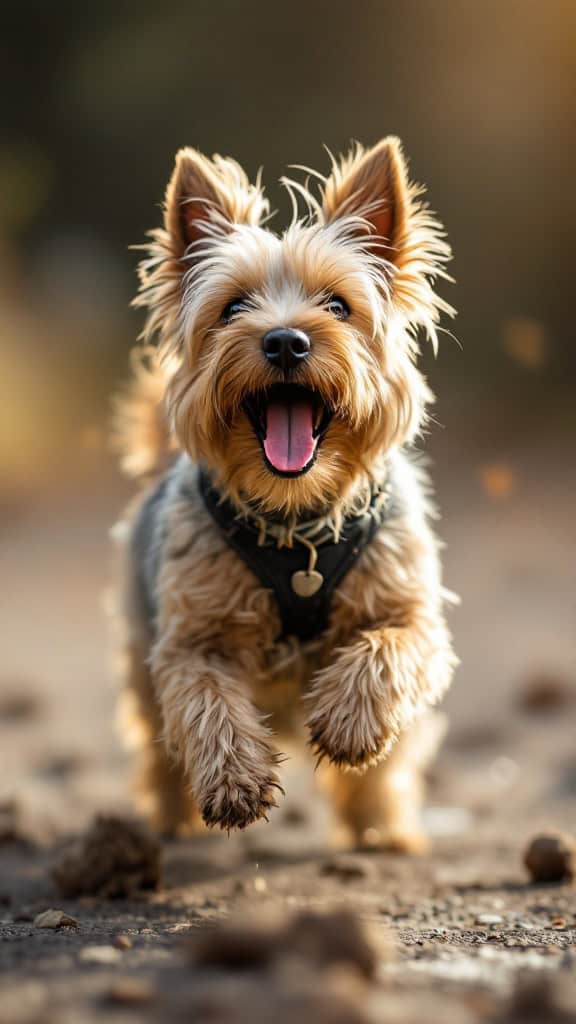 A cheerful Cairn Terrier running outdoors with a happy expression.
