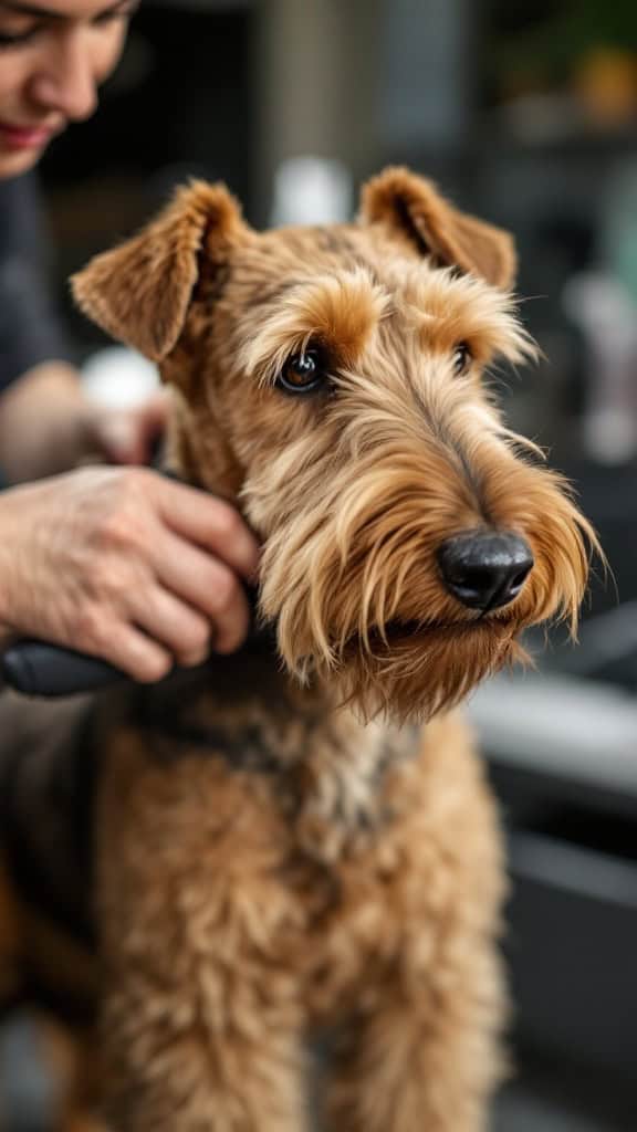 Airedale Terrier getting groomed by a person