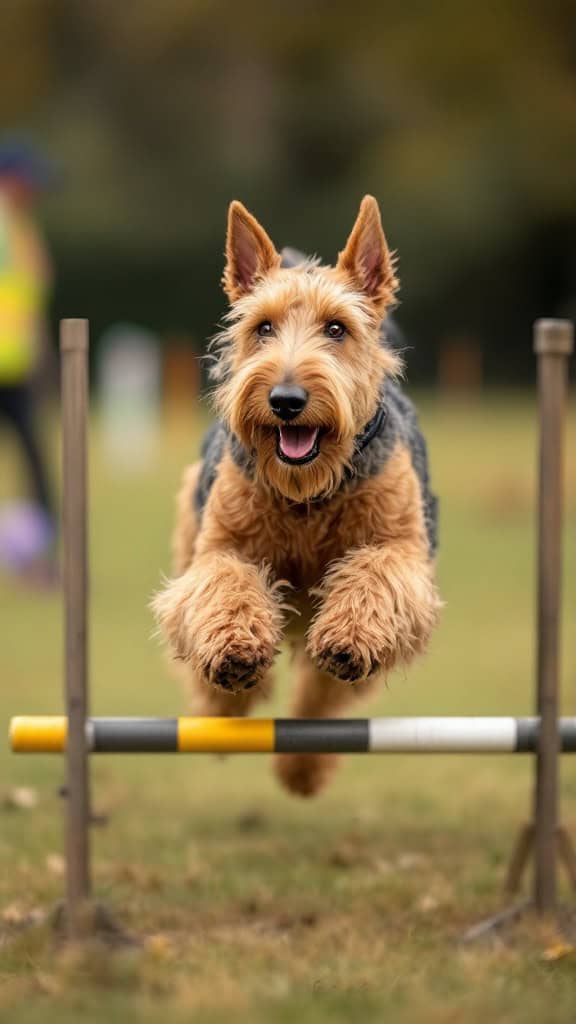 Airedale Terrier jumping over an obstacle with a happy expression.