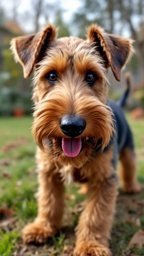 Airedale Terrier with a happy expression standing in a grassy area.