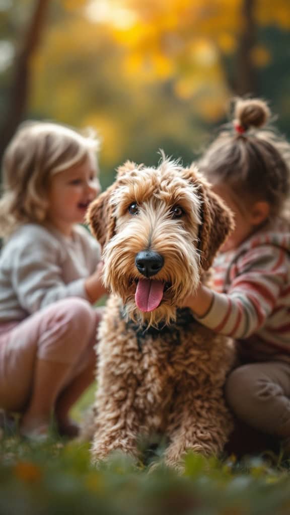 Airedale Terrier sitting beside a child in a natural setting.