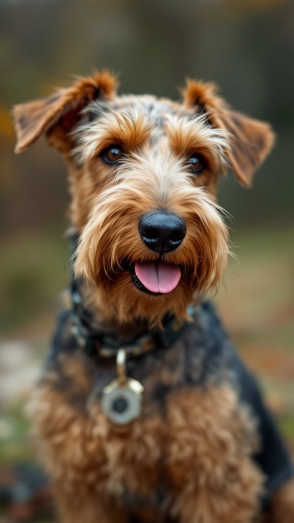A happy Airedale Terrier being held by a couple outdoors.
