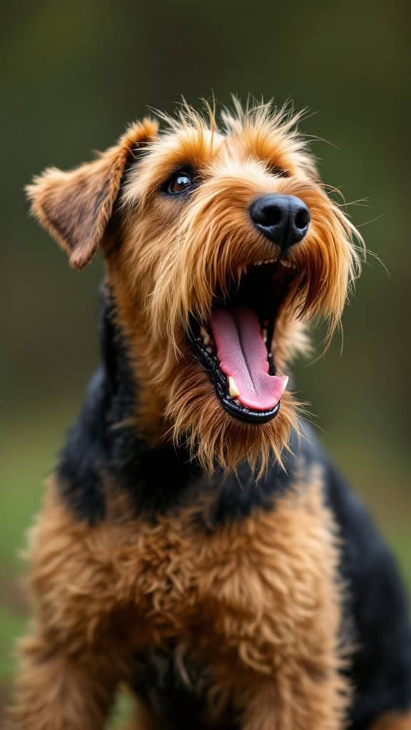 Airedale Terrier with its mouth open, possibly barking or yawning.