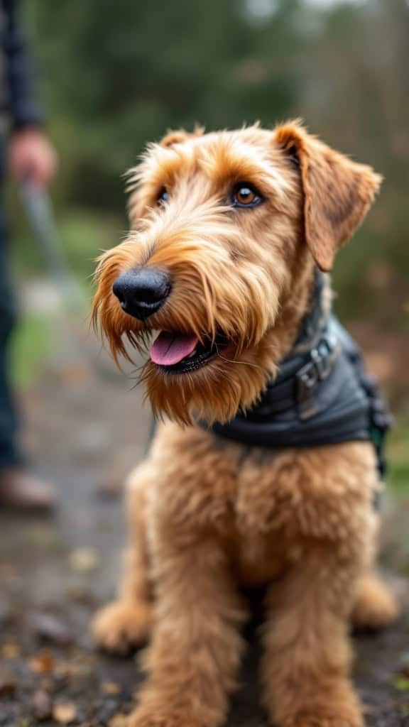Airedale Terrier sitting outdoors, looking happy and attentive.