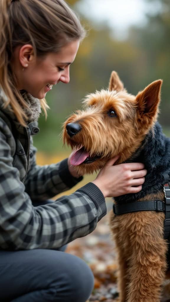 A woman interacting with her Airedale Terrier outdoors