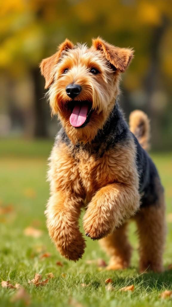 A happy Airedale Terrier running in a park