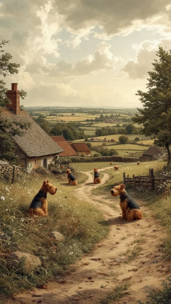 A scenic countryside view featuring several Airedale Terriers near cottages and fields.