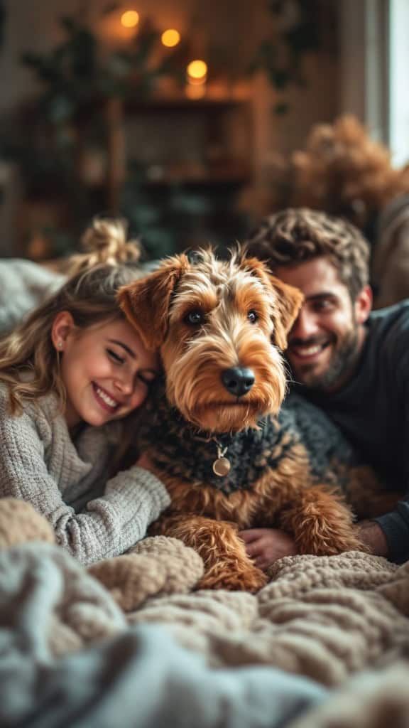 Airedale Terrier with a happy family on a cozy couch