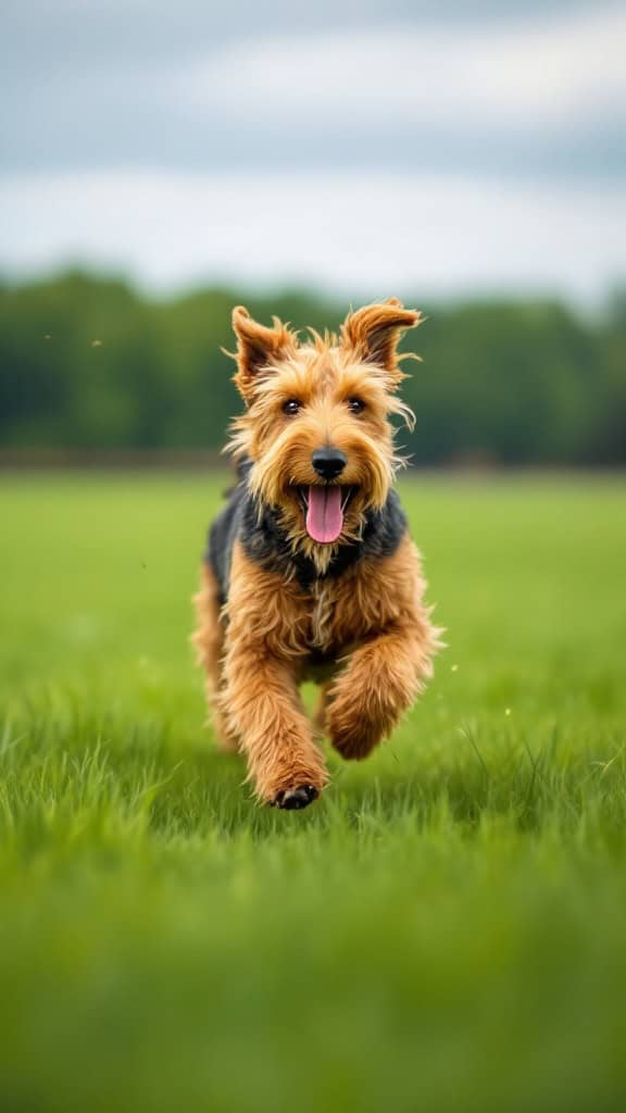 Airedale Terrier running in a green field, showcasing energy and playfulness.