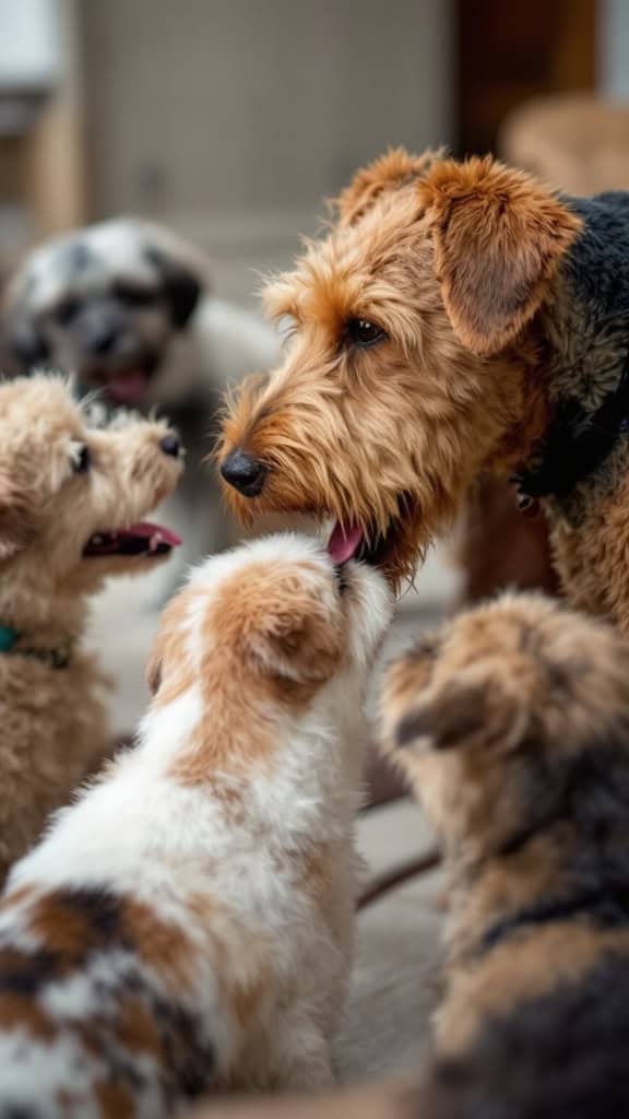 A group of playful dogs interacting with an Airedale Terrier.