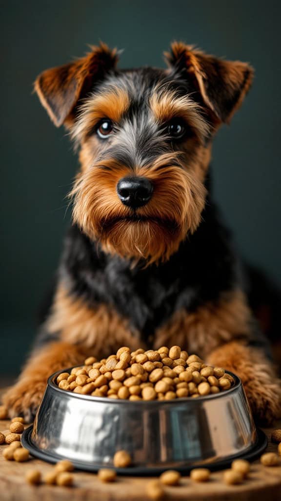 Airedale Terrier sitting in front of a bowl filled with dog food.