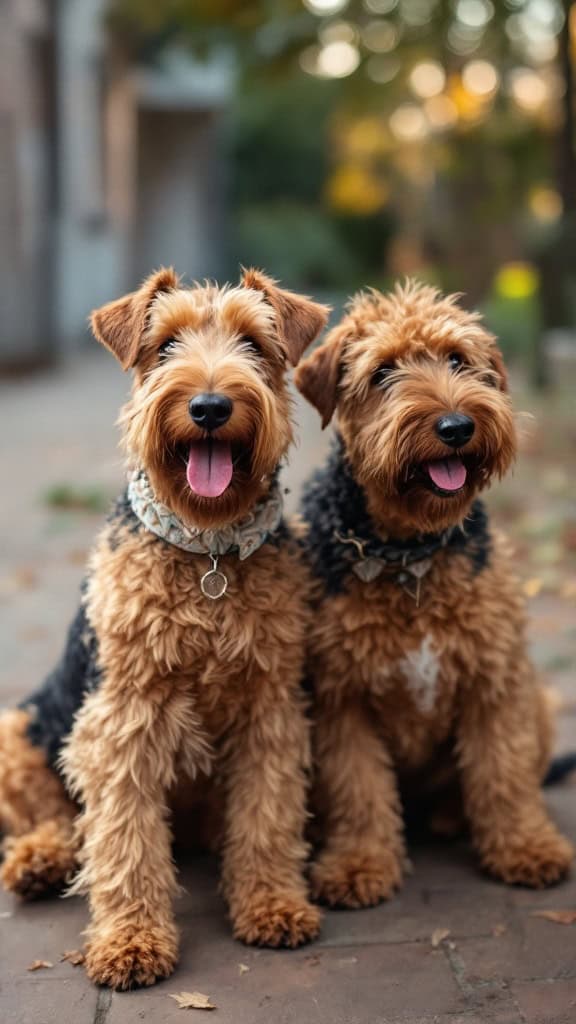 Two happy Airedale Terriers sitting together outdoors