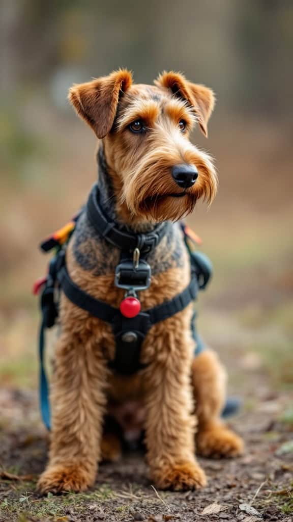 Airedale Terrier sitting outdoors, wearing a harness.