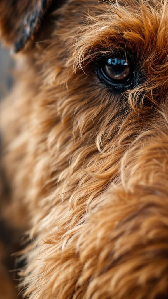 Close-up of an Airedale Terrier's face showcasing its distinctive coat and expressive eye.