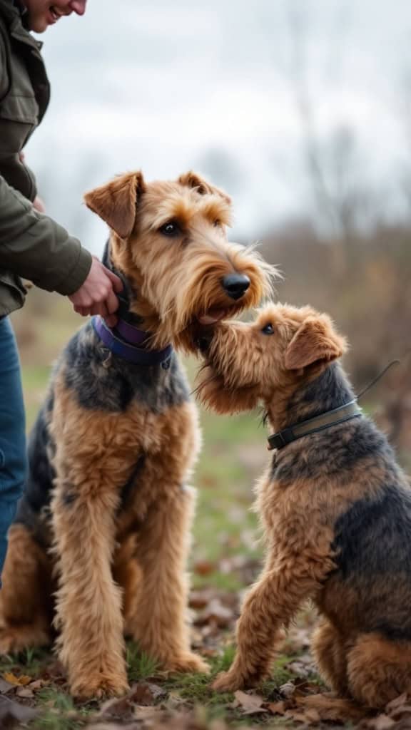 A selection of training tools for Airedale Terriers, including toys and various equipment.