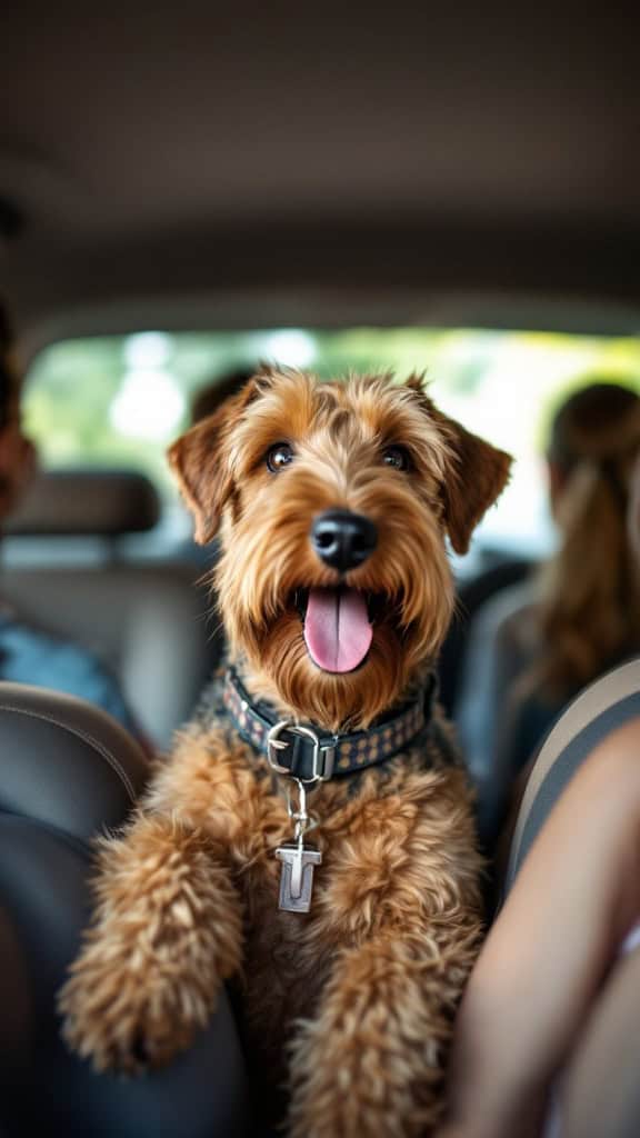 Airedale Terrier sitting in the backseat of a car, looking happy.