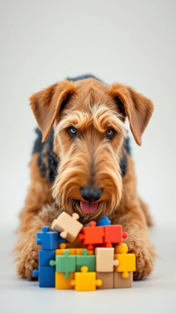 Airedale Terrier playing with colorful puzzle pieces
