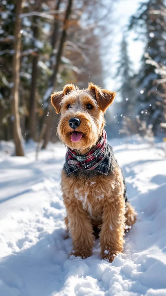 Airedale Terrier sitting in the snow wearing a plaid scarf.