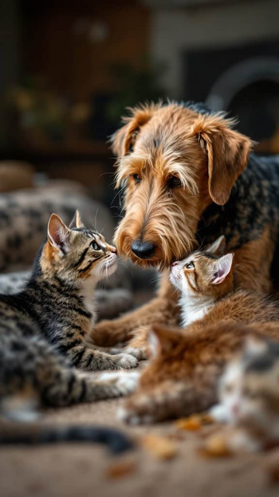 An Airedale Terrier with two kittens, showcasing a friendly interaction.