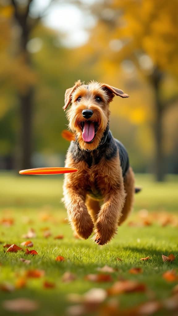 Airedale Terrier joyfully running with a frisbee in a park.