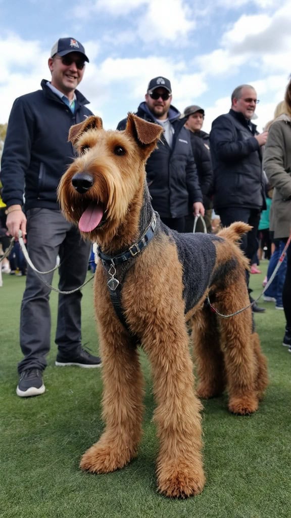 Airedale Terriers at a community event with people gathered around.
