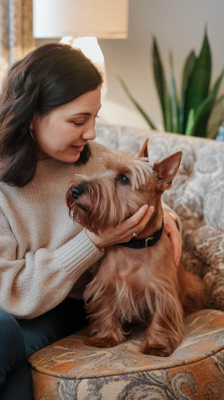 A woman lovingly interacting with her Scottish Terrier on a cozy couch.