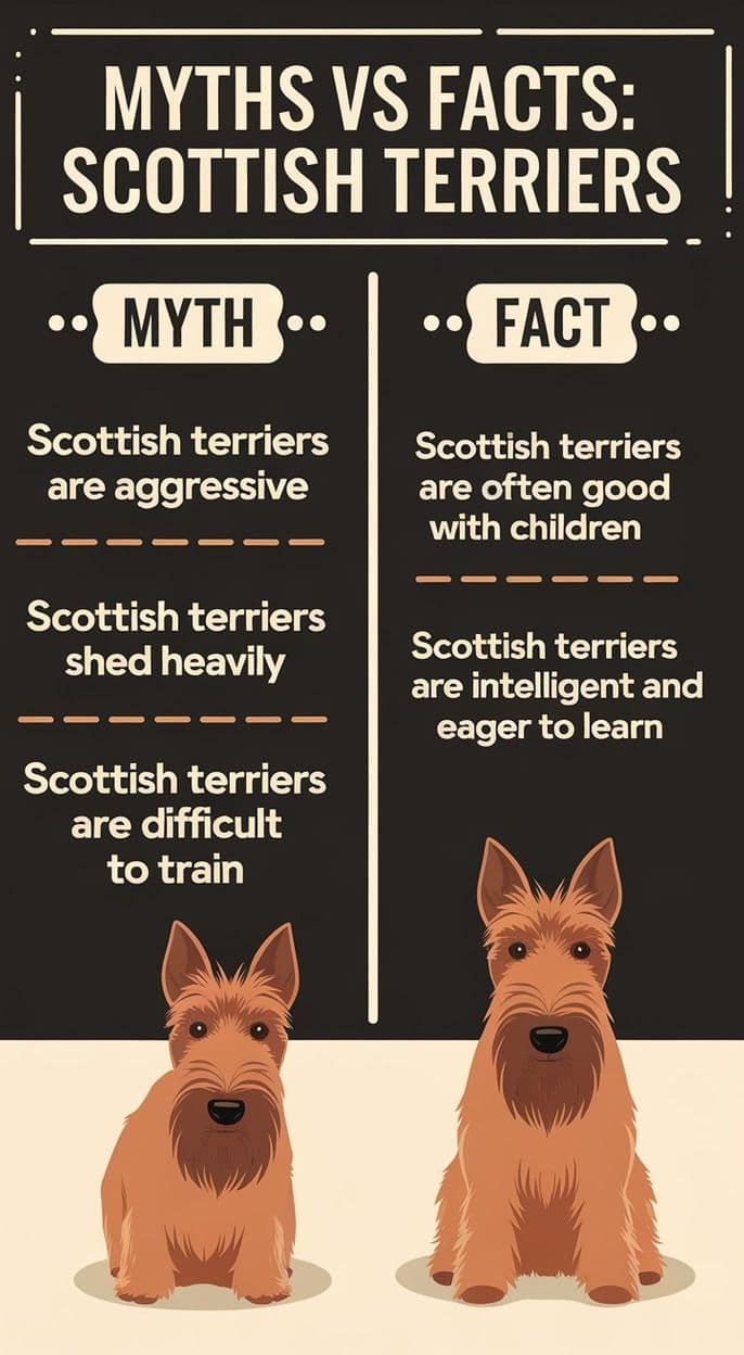A chalkboard illustration showing myths versus facts about Scottish Terriers. Make sure the texts are easy to read and makes sense.