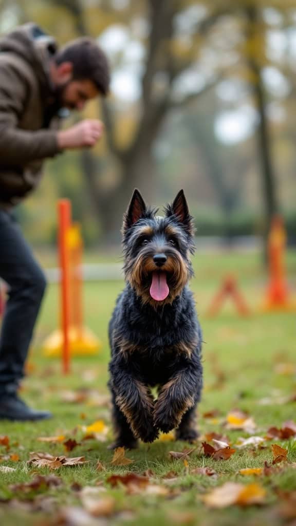 A Scottish Terrier running happily in a park during an agility training session.