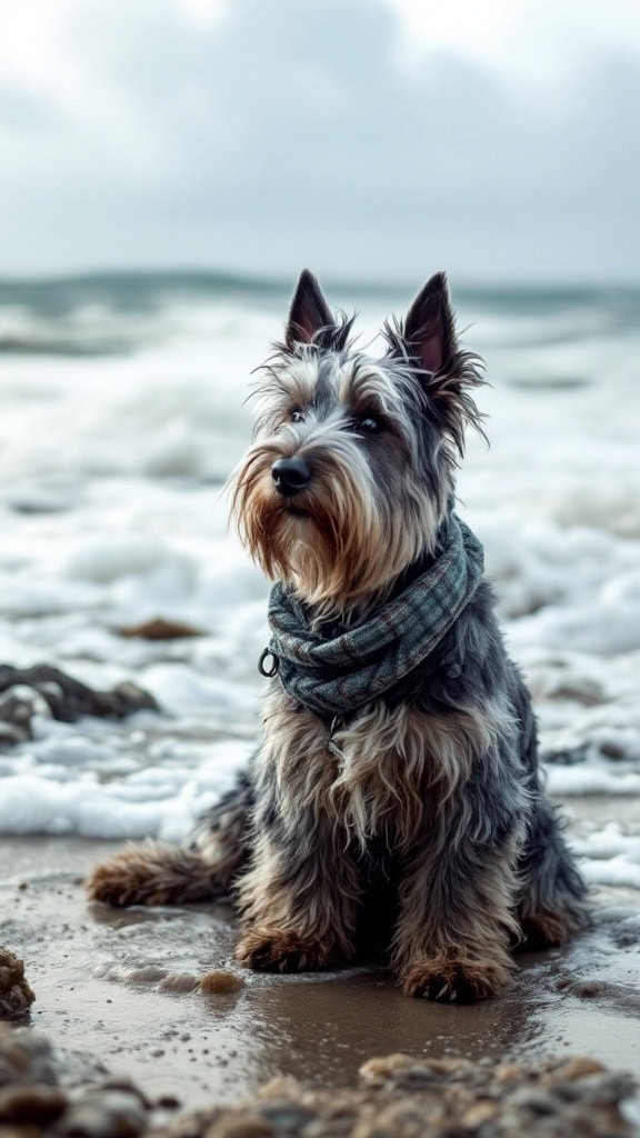 A Scottish Terrier sitting by the beach, wearing a scarf.