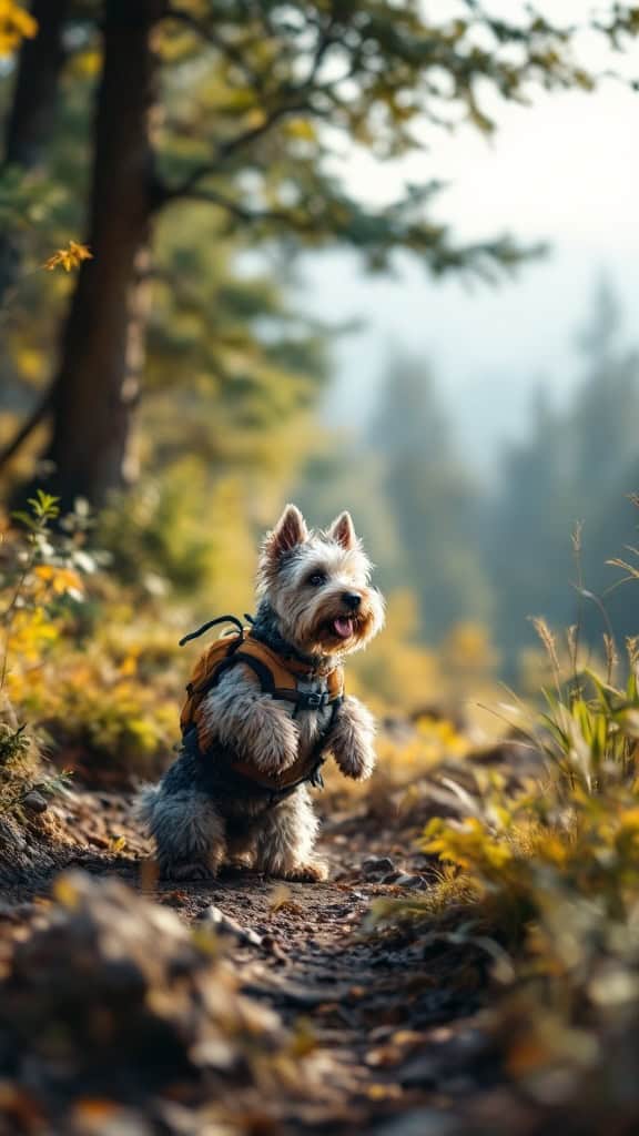 A Scottish Terrier wearing a backpack, standing on a trail surrounded by trees.