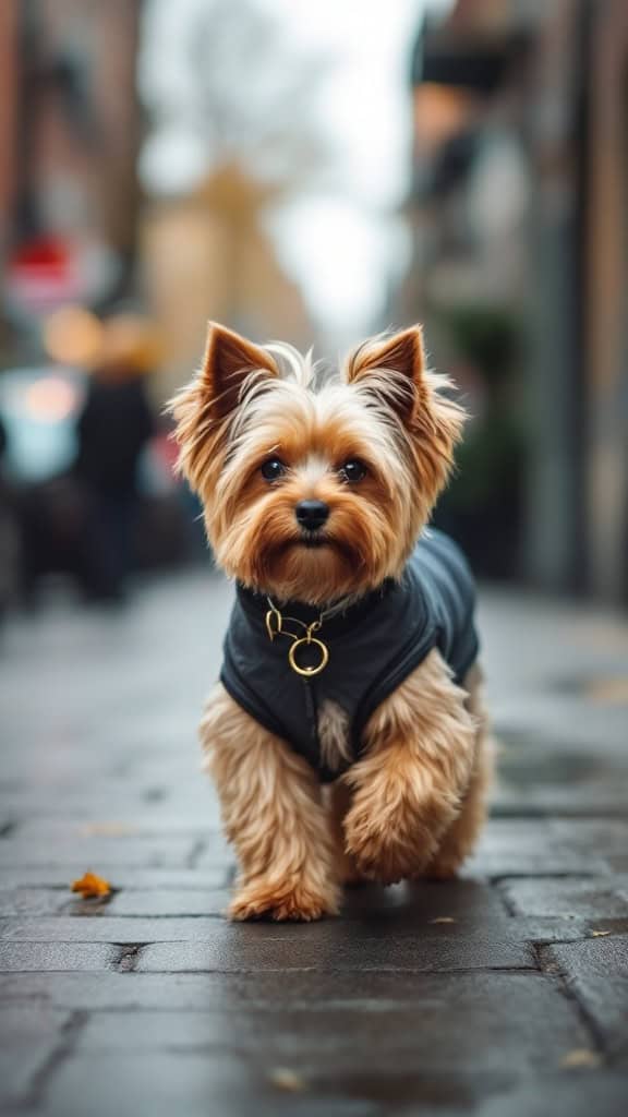 A Yorkshire Terrier walking on a street, showcasing a stylish layered haircut.