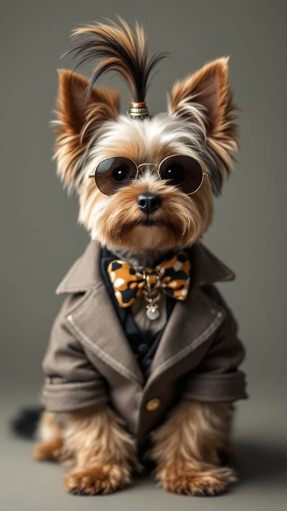 Yorkshire Terrier with a colorful mohawk, sunglasses, and stylish outfit