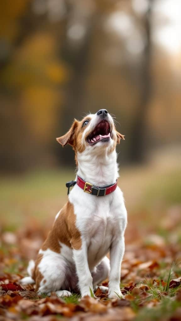 A happy Parson Russell Terrier sitting in a field with leaves, looking up while barking.