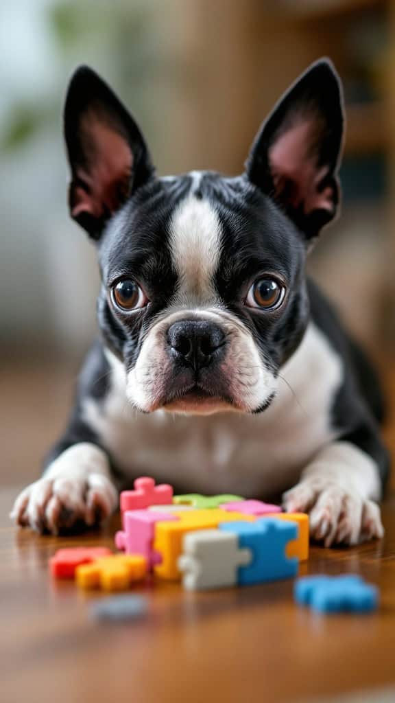 A Boston Terrier laying on the floor with colorful puzzle pieces around it.