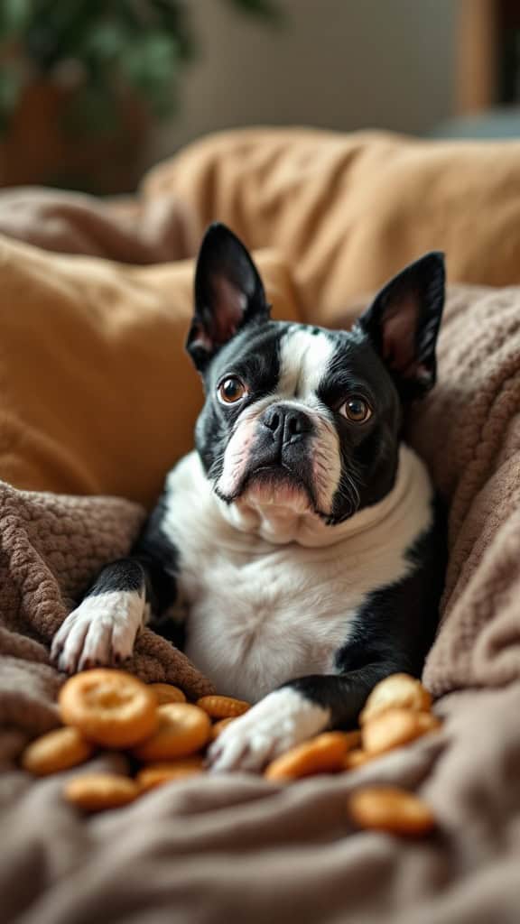 A Boston Terrier lounging on a couch with snacks around.
