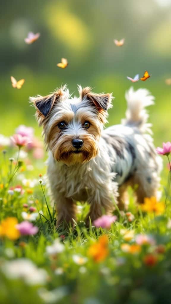 A Piebald Yorkshire Terrier surrounded by colorful flowers and butterflies.