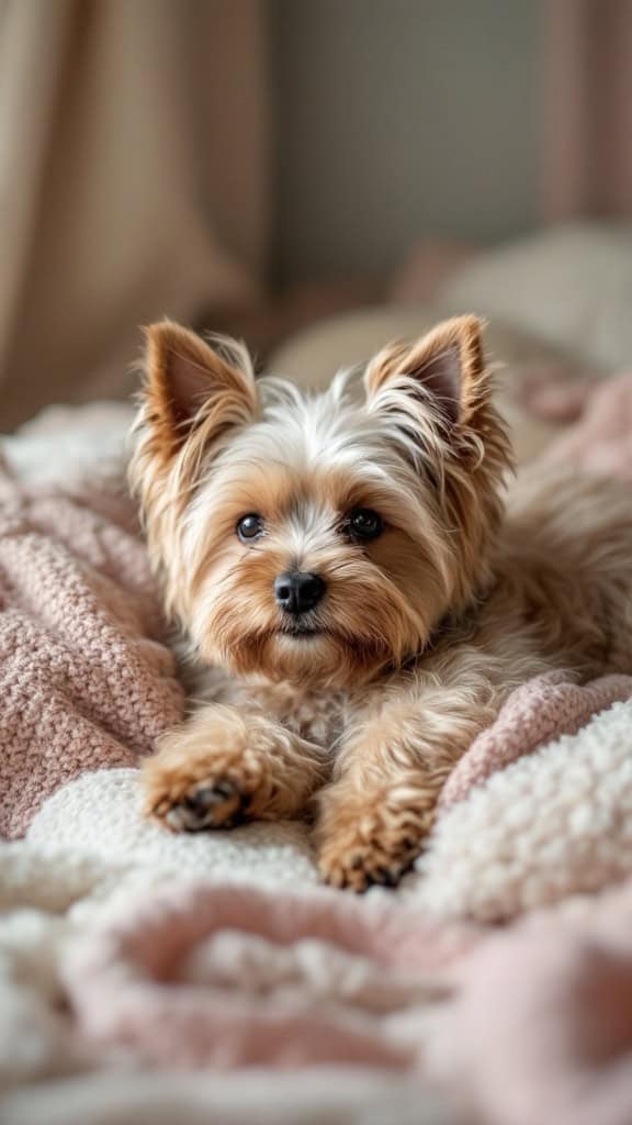 A Blush Yorkshire Terrier resting on a cozy blanket