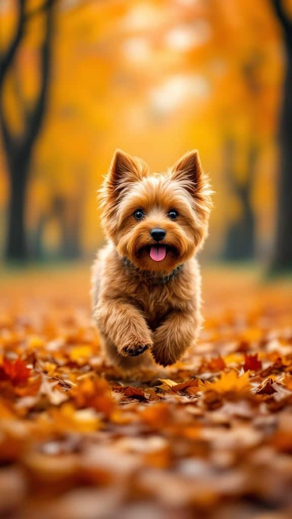A cheerful Red Yorkshire Terrier running through autumn leaves