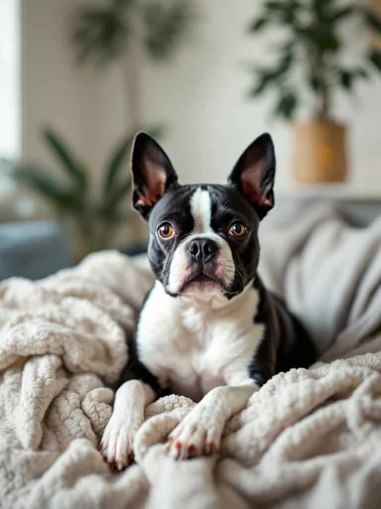A Boston Terrier relaxing on a soft blanket, showcasing its adaptability to living conditions.