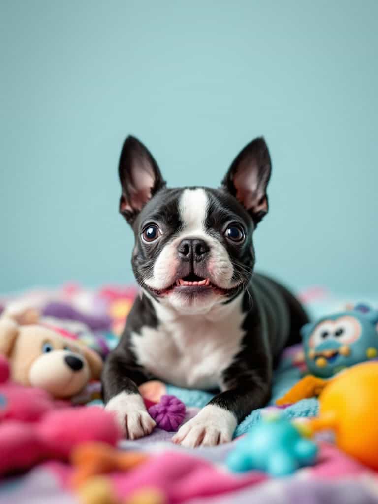 A grinning Boston Terrier puppy lying on a colorful blanket with toys.