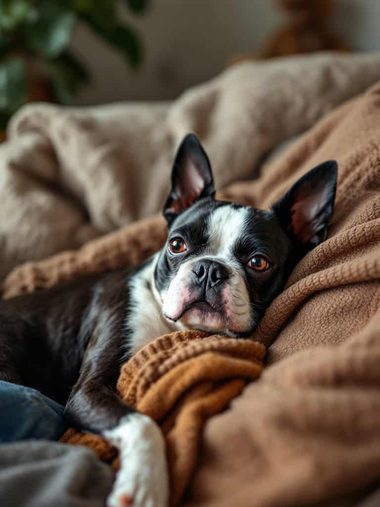 A Boston Terrier lounging on a blanket, looking cozy and affectionate.