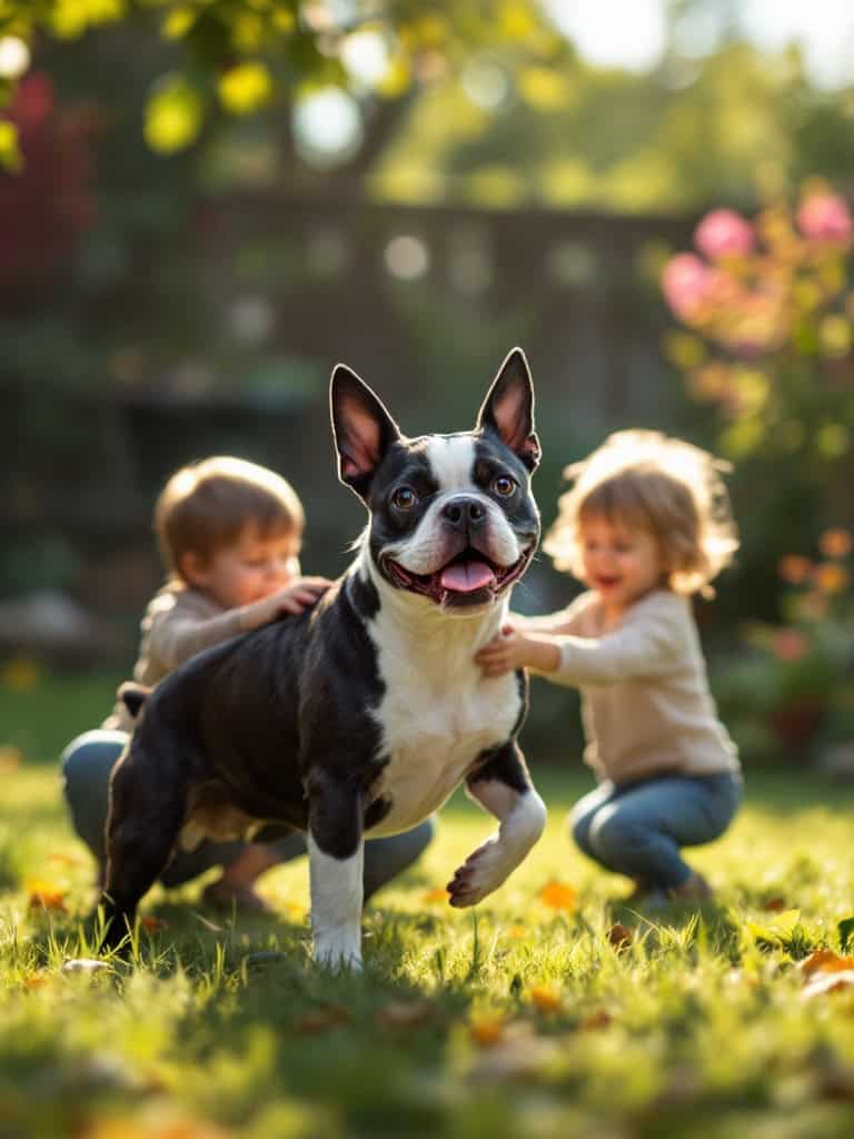 A Boston Terrier playing with two children in a sunny garden.