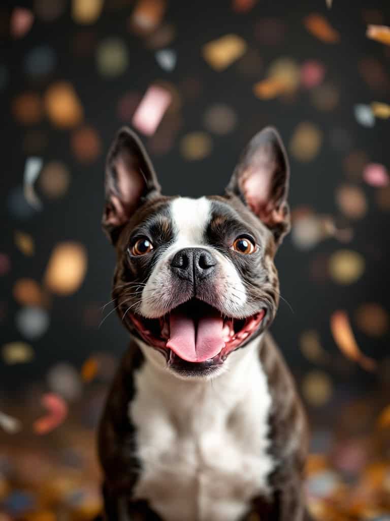 A joyful Boston Terrier surrounded by colorful confetti, smiling brightly.