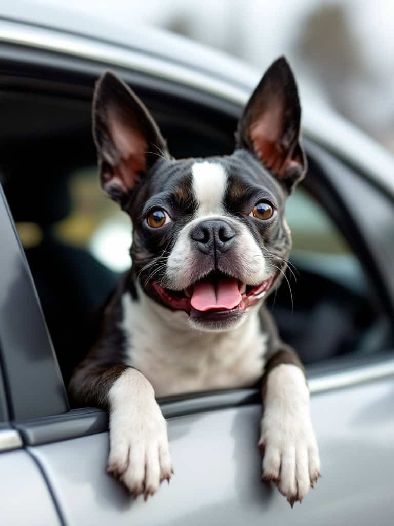 A smiling Boston Terrier with its head out of a car window